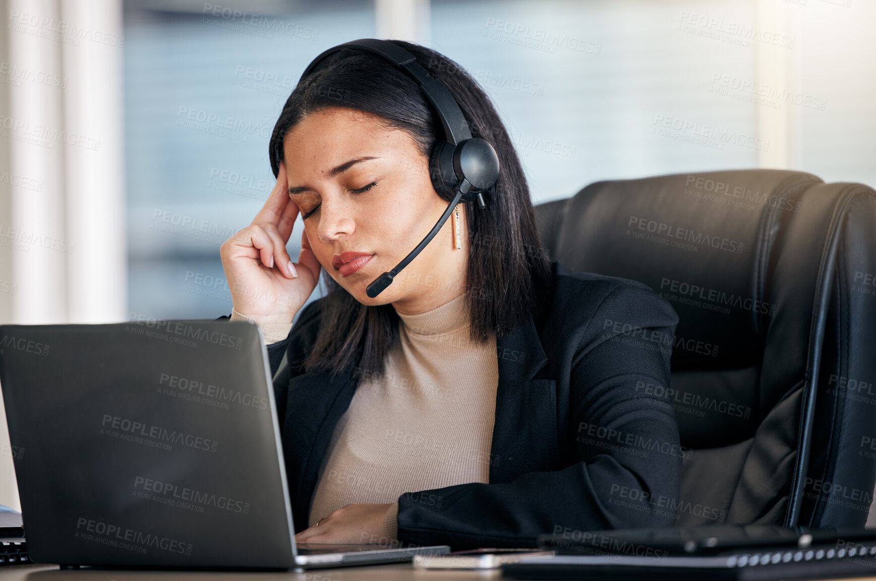 Buy stock photo Tired woman, call center and headache in stress, mistake or client problem on laptop at office desk. Frustrated female person or consultant agent in bad head pain, anxiety or burnout at the workplace