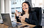 Business woman, call center and laptop in video call for consulting, telemarketing or customer service at office. Female person, consultant or agent in virtual meeting on computer for online advice