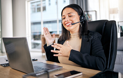 Buy stock photo Business woman, call center and laptop in video call for consulting, telemarketing or customer service at office. Female person, consultant or agent in virtual meeting on computer for online advice