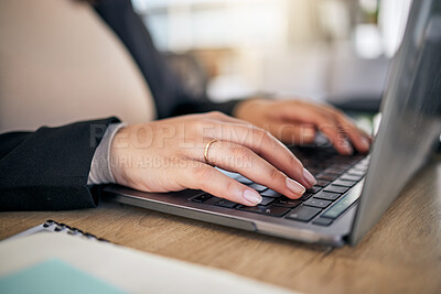 Buy stock photo Closeup, hands and typing on a laptop at a desk for secretary work, email check or connection. Office, business and a corporate employee or receptionist with a computer for a website or research