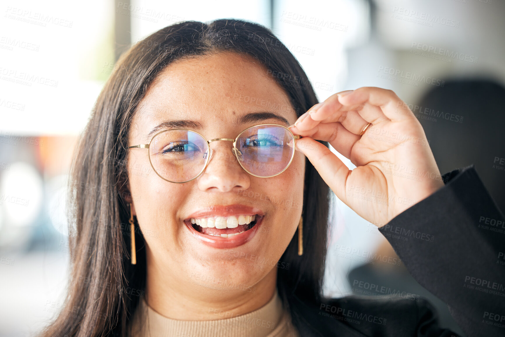 Buy stock photo Eye care, happy and portrait of woman with glasses for eyesight, prescription lens frame or optical vision support. Face accessory, happiness and female person smile for high quality eyeglasses
