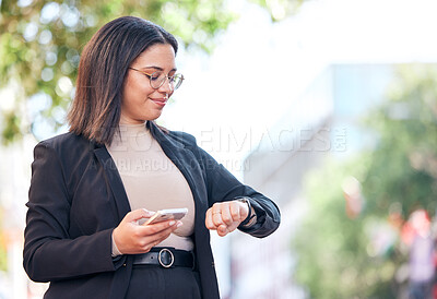 Buy stock photo Professional, woman and checking time in outdoor for meeting at office with cellphone for appointment. Schedule, planning and professional female looking at watch in city before interview in street.