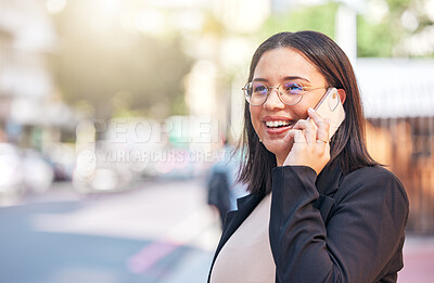 Buy stock photo Happy, phone call and business woman in city for communication, networking and contact. Technology, conversation and professional with female employee in outdoors for chat, connection and online