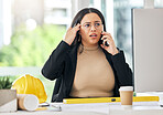 Stress, phone call and news with business woman in office for anxiety, communication and contact. Frustrated, scam and worry with female employee for conflict, negotiation crisis and problem