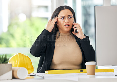 Buy stock photo Stress, phone call and architecture with business woman in office for anxiety, communication and building plans. Frustrated, engineer and blueprints with employee for construction, fail and problem