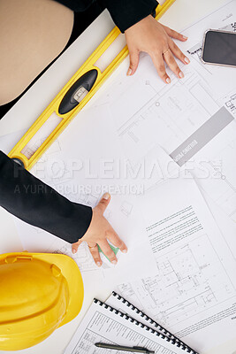 Buy stock photo Blueprint paperwork, architect hands and person review development project, floor plan or design info. Illustration, top view documents and planning developer analysis of architecture engineering