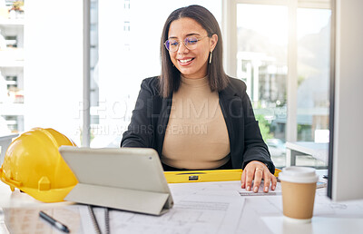 Buy stock photo Tablet, research or happy architect, woman and work on property development, business project illustration or design. Engineer, floor plan architecture or office person check online graphic sketch 