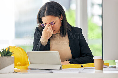 Buy stock photo Mental health, architect burnout and woman stress over development project, floor plan analysis or design. Sad, headache problem and business person depressed about architecture engineering mistake