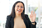Portrait, happiness and business woman greeting, wave hello and happy for HR management work, job or career. Corporate company smile, face and professional person welcome in human resources office