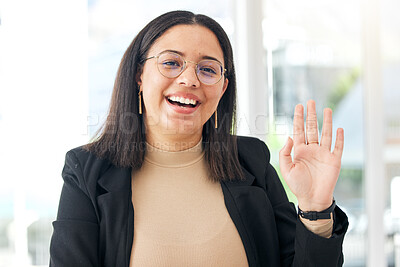 Buy stock photo Video call, happiness or business woman greeting, wave hello and happy for HR management work, job or career. Corporate company, face portrait or professional person welcome in human resources office