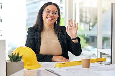 Buy stock photo Architect portrait, office and happy woman greeting, wave hello and work on development project, floor plan or design. Job career, smile and friendly person welcome in architecture engineering office