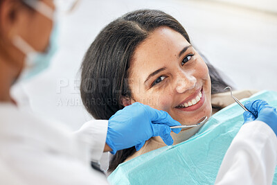 Buy stock photo Dentist, dental care and teeth smile of a woman with tools and hands of a professional by mouth. Portrait of a female patient for orthodontics, healthcare and cleaning or inspection for oral health