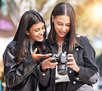 Photography camera, city and happy friends check photo, picture or urban photographer, women or tourist shooting. Creative photoshoot, sidewalk and gen z youth, students or young people analyse shot