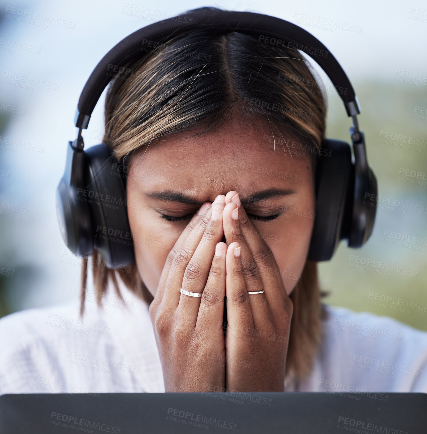 Buy stock photo Call center, stress and female customer service consultant working on an online consultation. Burnout, migraine and professional woman telemarketing agent with a headset for crm crisis in the office.