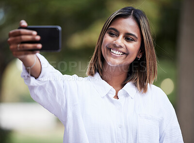 Buy stock photo Selfie, smile and student with woman in park for social media, relax and happy. College campus, influencer and happiness with female person in nature for profile picture, blog and gen z post