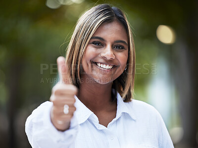 Buy stock photo Portrait, smile and thumbs up with a woman in nature, outdoor on a green background for support or motivation. Face, thank you and like emoji with a happy young person standing in a park to say yes