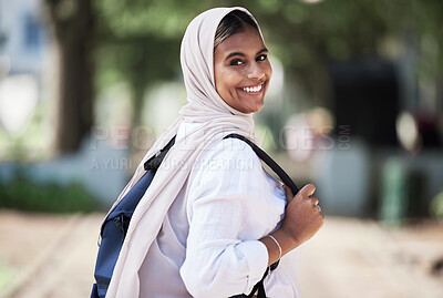 Buy stock photo Hijab, student and portrait of woman on campus for university, school and college education happy to travel to class. Smile, Islam and young religious person walking to a lecture for learning