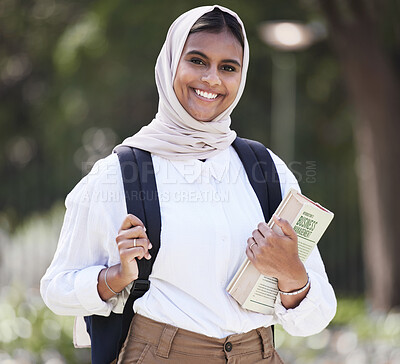 Buy stock photo Student, happy and book with portrait of muslim woman on campus for college, studying and education. University, learning and future with female person in outdoor for academy, back to school or class