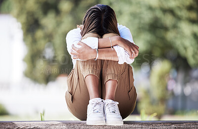 Buy stock photo Sad, depression and student with woman in park for cry, frustrated and stress. Mental health, anxiety and fear with female person in nature for psychology, tired and fatigue with mockup space