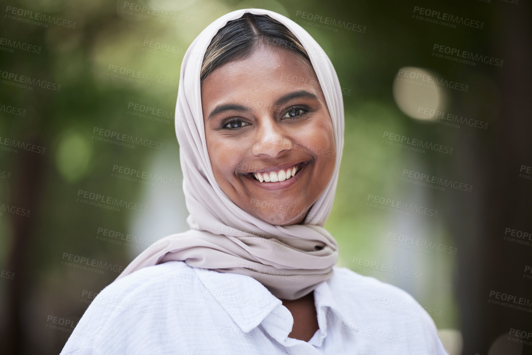 Buy stock photo Nature, happy and portrait of Muslim woman in park for holiday, freedom and relaxing outdoors. Happiness, smile and face of Islamic female person with joy, confidence and positive mindset with hijab