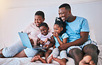 Laptop, black family and relax in a bed with movies, games and streaming in their home. Online, film and children with parents in bedroom for weekend fun, subscription or cartoon, film and smile