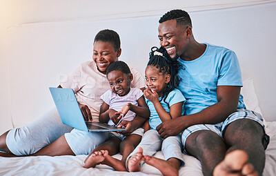 Buy stock photo Laptop, black family and relax in a bed with movies, games and streaming in their home. Online, film and children with parents in bedroom for weekend fun, subscription or cartoon, care and smile