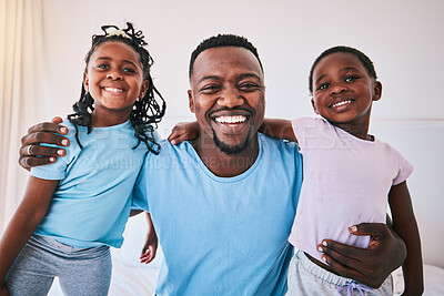 Buy stock photo Portrait, father and children with a black family in the bedroom together for morning fun or bonding. Smile, love and kids at home with their happy male parent on a bed to relax for the weekend