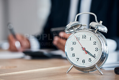 Buy stock photo Business man, clock and time management in an office for deadline, punctual and busy schedule. Professional person or broker working at desk with an alarm, reminder and timer for goals and agenda