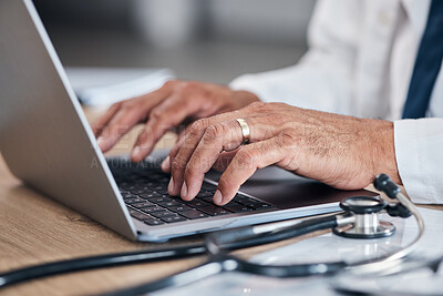 Buy stock photo Doctor, hands and laptop for healthcare research, hospital management and admin or planning and clinic information. Medical professional working or typing on computer for telehealth services and FAQ