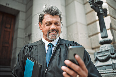 Buy stock photo Senior lawyer man, phone and street with smile, thinking and communication on internet app in metro. Happy mature judge, smartphone and reading with ideas on web chat, social media or contact in city