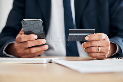 Buy stock photo Hands, phone or businessman with credit card for an online shopping  on financial digital fintech in office. Mobile app, ecommerce payment closeup or accountant typing banking data for investment