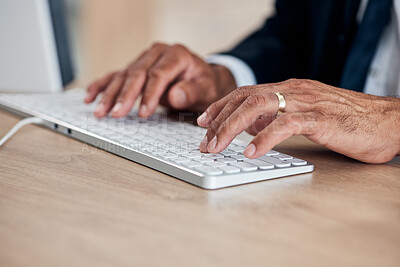 Buy stock photo Hands, keyboard and a business man typing while working on a computer in his office for management. Email, desk and administration with a male employee at work to draft a proposal or feedback report