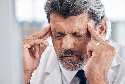 Buy stock photo Headache, face and elderly business man depressed, frustrated and burnout from corporate mistake, stress or crisis. Human resources, migraine pain and senior HR person stress, problem or overwhelmed