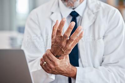 Buy stock photo Laptop, wrist pain and hands of business man in office for injury, stress and arthritis. Burnout, emergency and inflammation with closeup of employee for carpal tunnel, accident and medical risk