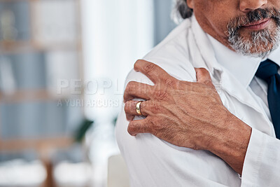 Buy stock photo Shoulder pain, hands and business man with body injury, medical emergency crisis or fibromyalgia. Trauma accident, pressure or professional person, closeup businessman or agent with arthritis risk