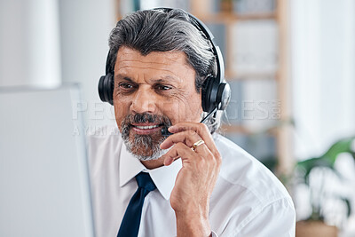 Buy stock photo Call center, computer and man or consultant for communication, sales and e commerce support. Online agency, headphones and financial advisor, manager or person, virtual chat and contact us on desktop