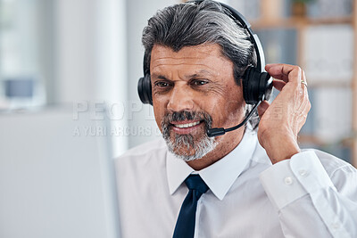 Buy stock photo Call center, computer and man or agent for communication, sales and customer services in e commerce. Agency headphones and telecom manager or person for virtual telemarketing or contact us on desktop