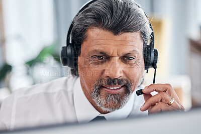 Buy stock photo Call center, computer and business man or consultant speaking, sales or e commerce support. Online agency, financial advisor or manager person for virtual communication and contact us on desktop