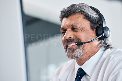 Buy stock photo Call center, computer and happy man or consultant speaking, business sales or e commerce advice. Online agency, financial advisor or manager person for virtual communication and contact us on desktop