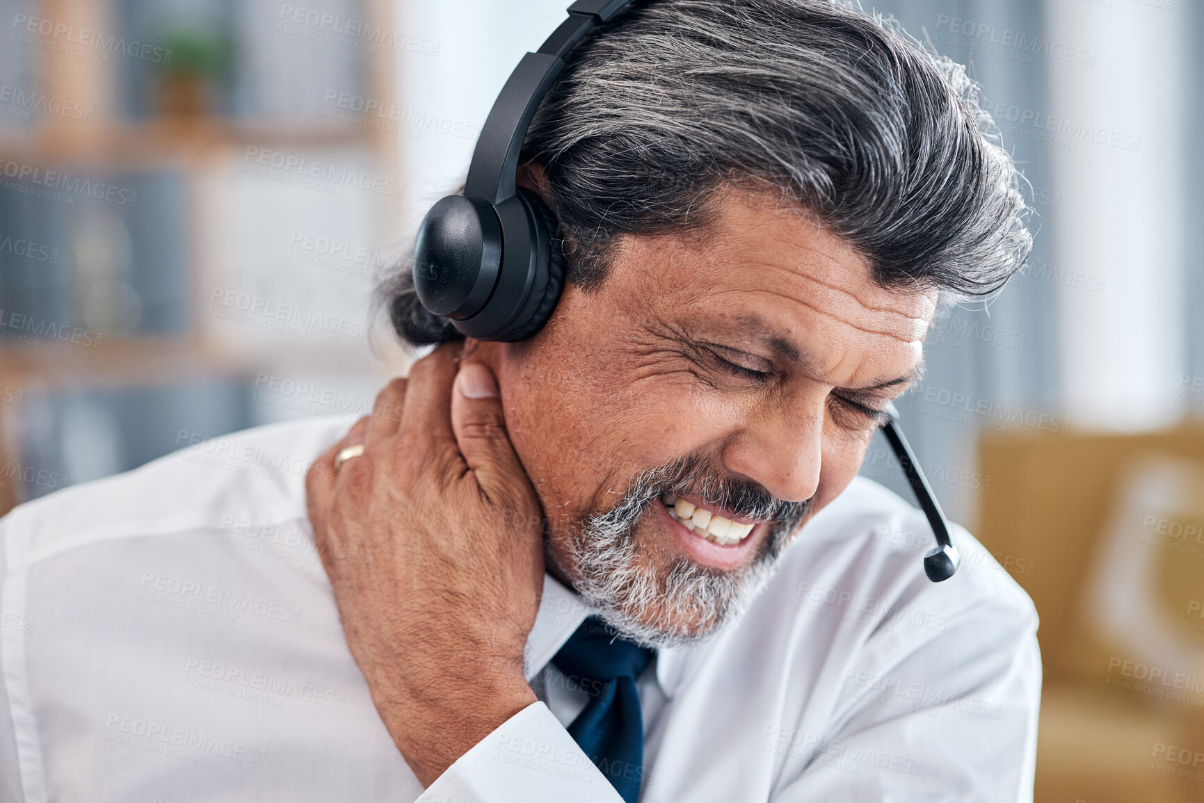Buy stock photo Neck pain problem, call center and business man with anatomy injury crisis, sore muscle or fibromyalgia strain, risk or hurt. Face, customer service or office person, consultant or agent with tension