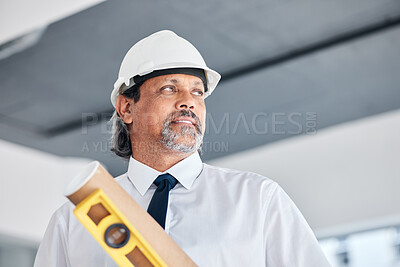 Buy stock photo Architecture man, thinking and floor plan for office construction, planning and project management. Renovation, property blueprint and manager or person with tools and design ideas for engineering