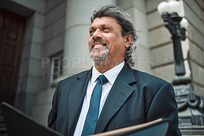 Buy stock photo Happy man, thinking or lawyer reading book, research or education for learning the justice system. Mature, advocate or senior attorney studying knowledge or constitution information for legal agency