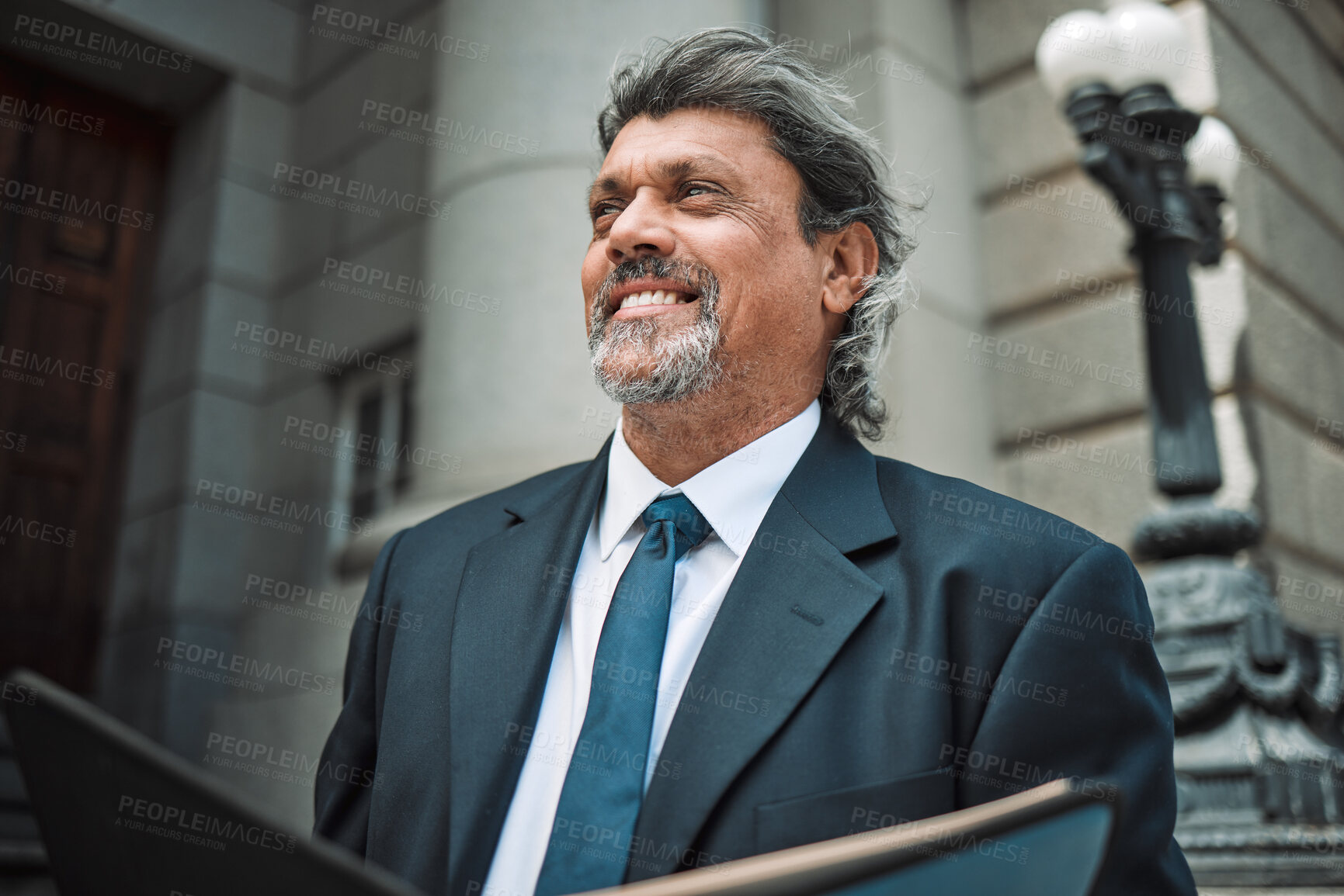 Buy stock photo Happy man, thinking or lawyer reading book, research or education for learning the justice system. Mature, advocate or senior attorney studying knowledge or constitution information for legal agency