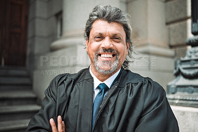 Buy stock photo Portrait, smile and a senior man judge at court, outdoor in the city during recess from a legal case or trial. Happy, authority and power with a confident magistrate in an urban town to practice law
