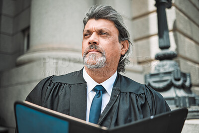 Buy stock photo Man, thinking or senior lawyer reading book for research, education or learning the justice system. Judge, advocate or mature attorney studying knowledge or constitution information for a legal court