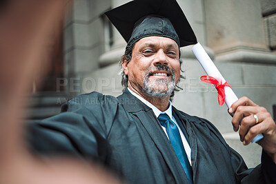 Buy stock photo Mature man, graduation selfie and portrait with smile, law degree or diploma in street, pride or social media. Senior attorney, memory and photography for certificate, award or education in legal job