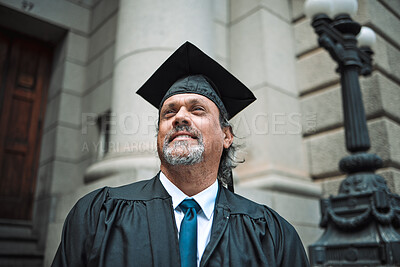 Buy stock photo Senior man, graduate of law and thinking outdoor, academic achievement and education with future. Male lawyer, dream and inspiration with graduation and pride in success, university event and goals