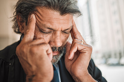 Buy stock photo Headache, city face and business man with sad depression, corporate mistake or mental health anxiety. Urban street, migraine pain and elderly person with burnout, tired and stress over fail risk