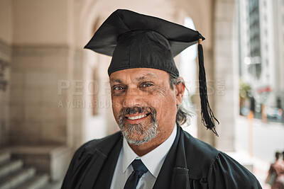 Buy stock photo Senior lawyer, graduation and portrait of man in street, city or outdoor with smile. Elderly attorney, face or happy person, advocate or professional with success in education at university in Brazil