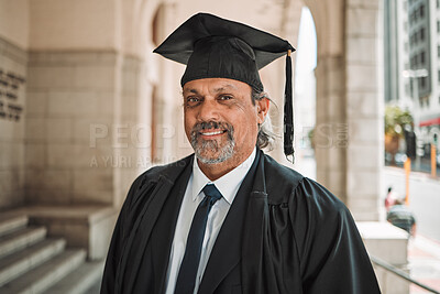 Buy stock photo Senior man, graduate of law and smile in portrait outdoor, academic achievement and education in the city. Male lawyer on urban sidewalk, graduation and success with pride, university event and goals